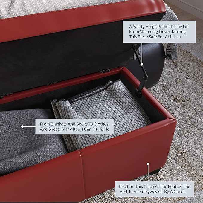 BELLEZE Storage Faux Leather Ottoman, 47 Inch Bench Bedroom Bench with Safety Close Hinge, Extra Long Ottoman with Storage for Living Room, Entryway, Hallway, Foot Rest, Support 300lbs - Red