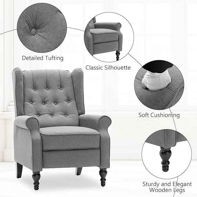 Mid Century Wingback Recliner Chair for Adults, Modern Linen Fabric Push Back Recliner Chairs with Button Tufted Upholstered Back & Footrest, Manual Recliner Chais for Living Room, Nursery, Gray