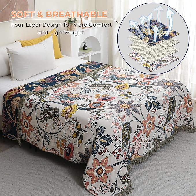 Boho Cotton Throw Blanket - Ultra-Soft Rustic Quilt for Bed, Home Decor & Travel - Large 60
