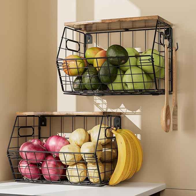 Delamu 2-Pack Stackable Metal Fruit Basket with Wood Lid-Wall Mounted & Countertop Organizer for Kitchen,Pantry- Ventilated Storage for Onions,Potatoes,Fruits,Spices (12