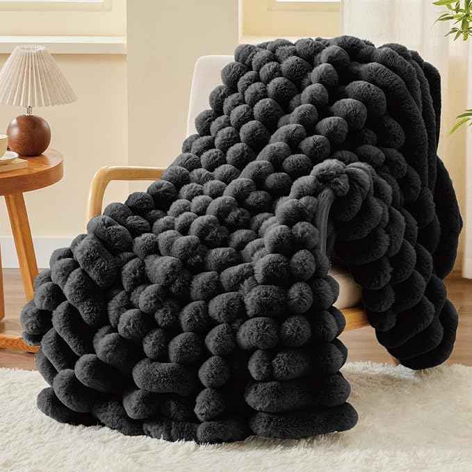BEDELITE Faux Fur Throw Blanket for Couch, Soft and Cozy Luxurious 3D Striped Fluffy Blanket, 770GSM Thick Warm Plush Fuzzy Faux Rabbit Fur Blanket for Women Gift (Black, 50