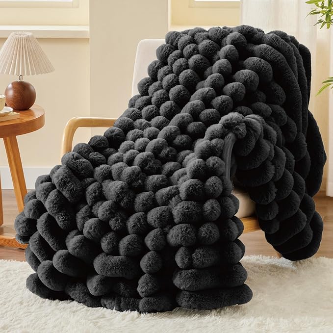 BEDELITE Faux Fur Throw Blanket for Couch, Soft and Cozy Luxurious 3D Striped Fluffy Blanket, 770GSM Thick Warm Plush Fuzzy Faux Rabbit Fur Blanket for Women Gift (Black, 60