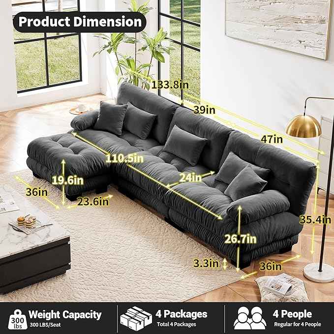 L Shaped Couch Sectional Couch, 3-Seater Cloud Couch Sectional Oversized Couch, Sofa Bed Couch with Round Bolster Armrests 5 Pillows, Modular Couch Home Sofa Living Room Couch(Gray)