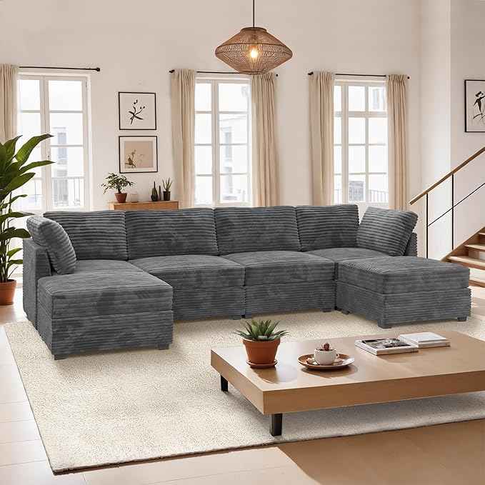 Modular Sectional Sofa, 130.7 Inch U Shaped Couch Set for Living Room, 4-Seater Comfy Cloud Couches with Two Movable Ottoman, Plush Corduroy, Gray