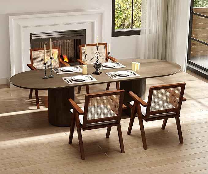 Rattan Dining Chairs Set of 4, Farmhouse Wicker Dining Chairs with Removable Linen Cushion Accent Cane Armchair for Dining Room Kitchen Restaurant, Walnut