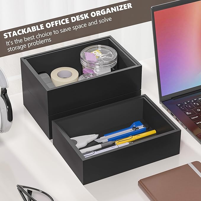Kitchen Drawer Organizer Bins, Stackable Bamboo Drawer Organizer for Silverware, Flatware, Deep Office Desk Organizer Tray, Desktop Pen, Office Organization Black 9