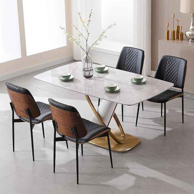 BV Dining Chairs Set of 6, PU Leather Armless Kitchen Chair in Modern Walnut Style, Mid Century Bentwood Side Chair with Metal Legs, Retro Accent Guest Chair for Kitchen Dining Room(Black)