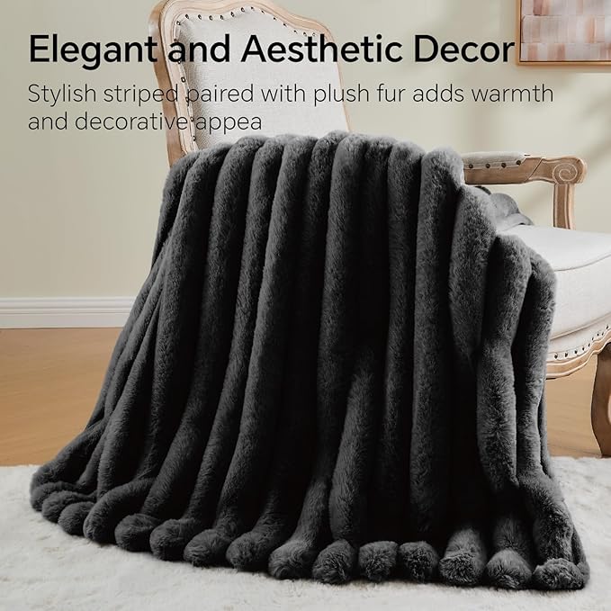 BEDELITE Faux Fur Throw Blanket for Couch, Soft and Cozy Luxurious 3D Striped Fluffy Blanket, 770GSM Thick Warm Plush Fuzzy Faux Rabbit Fur Blanket for Women Gift (Black, 50