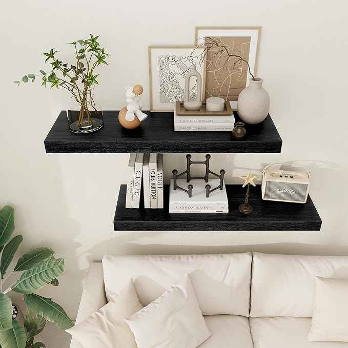 Black Floating Shelves 36 Inch Long, 12 Inch Deep Floating Shelves for Wall, 36 x 12 Shelves for Wall Storage & Display, 2