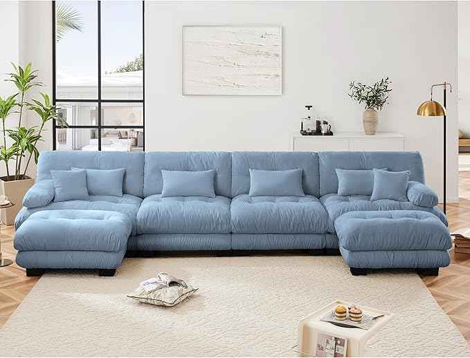 Modular Sectional Sofa, Comfy Cloud Couch 4 Seater Couch with Ottoman, Sectional Couches for Living Room, Modern Chenille U Shaped Couches, Sleeper Deep Seat Sofa with Throw Pillows, Blue