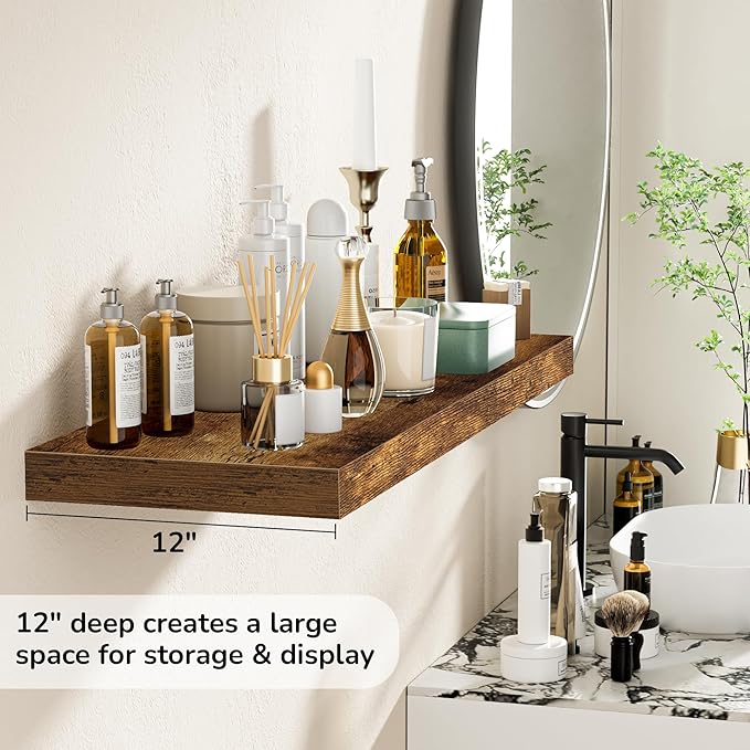 Fun Memories Floating Shelves - 2 Pack 12 Inch Rustic Wooden Wall Shelves - Extra Deeper & Thicker Wall Mounted Storage Shelf for Living Room, Kitchen, Farmhouse - 36