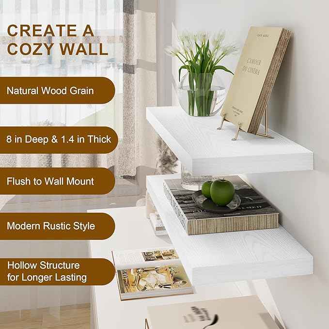 Fun Memories White Floating Shelves, 8 Inch Deep Wall Shelves Set of 2, Rustic Deep Shelves for Wall Storage, 24 x 8 Floating Shelves, 8