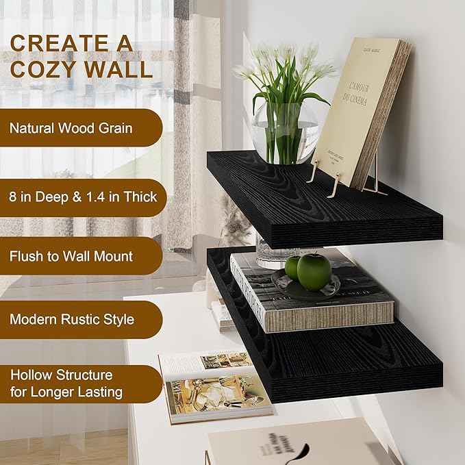 Fun Memories Black Floating Shelves 36 Inch Long, 8 Inch Deep Floating Shelf for Wall, 36" W x 8" D Wall Shelves Set of 2, Black Deep Floating Shelves for Bedroom, Living Room, Kitchen