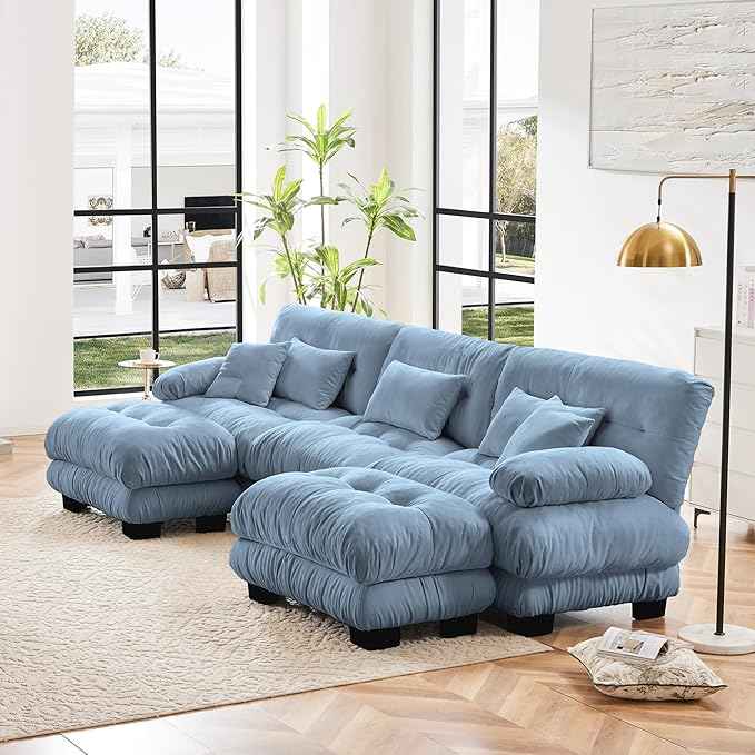 Modular Sectional Sofa, Comfy Cloud Couch 3 Seater Couch with Ottoman, Sectional Couches for Living Room, Modern Chenille U Shaped Couches, Sleeper Deep Seat Sofa with Throw Pillows, Blue