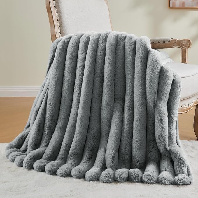 BEDELITE Faux Fur Throw Blanket for Couch, Soft and Cozy Luxurious 3D Striped Fluffy Blanket, 770GSM Thick Warm Plush Fuzzy Faux Rabbit Fur Blanket for Women Gift (Crey, 50