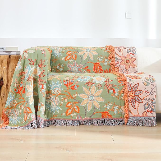Boho Fall Throw Blanket for Bed，100% Ultra Cotton Soft Breathable Bed Throw Floral Printed Farmhouse Decor Rustic Bed Throws for Couch Sofa Quilt 60