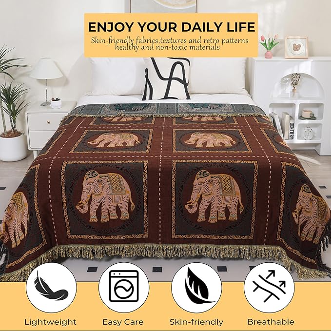 Boho Throw Blanket for Bed with Tassels,100% Cotton Ultra Soft and Cozy Large Blanket Elephant Printed Farmhouse Decor Bed Blankets,80
