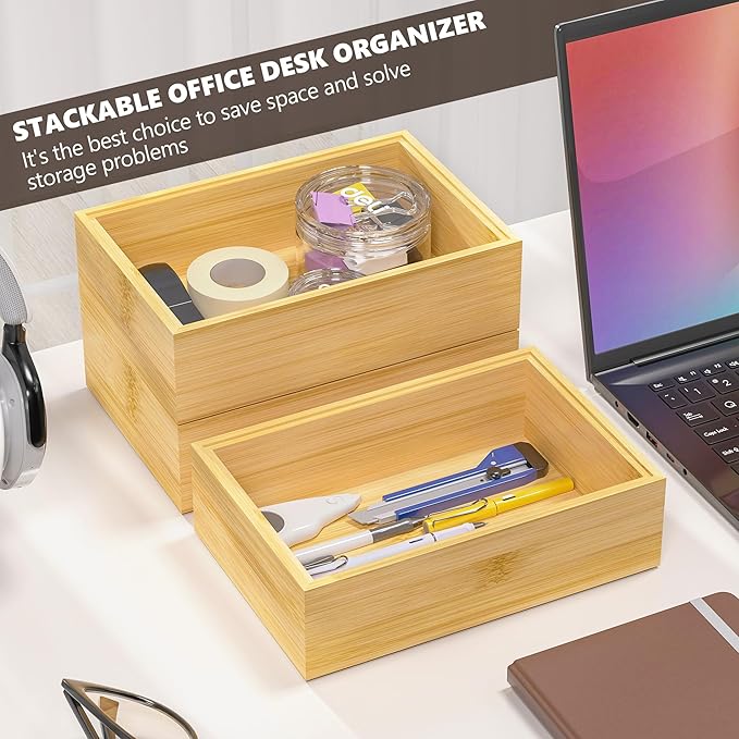 Kitchen Drawer Organizer Bins, Stackable Bamboo Drawer Organizer for Silverware, Flatware, Deep Office Desk Drawer Organizer Tray, Desktop Pen, Office Organization 9