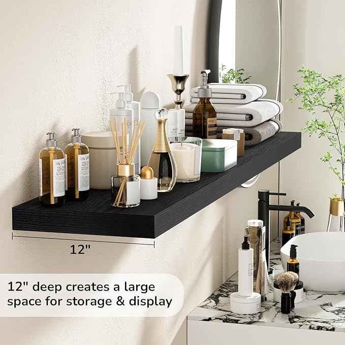 Fun Memories Floating Shelves - 12 Inch Rustic Wooden Wall Shelves - Extra Deeper & Thicker Wall Mounted Storage Shelf for Living Room, Kitchen, Farmhouse - 55