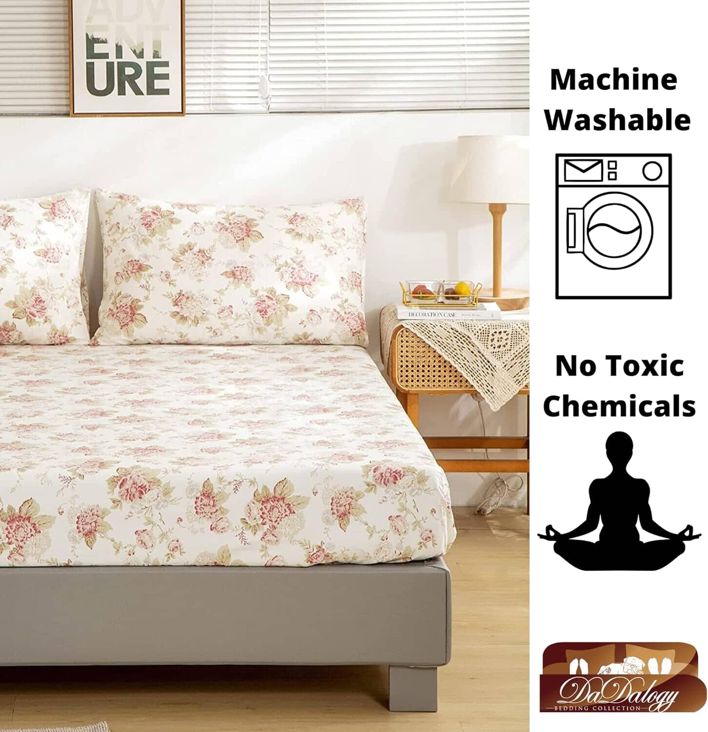 DaDa Bedding Hint of Mint Dainty Cottage Floral Roses Cotton Fitted Sheet w/ Pillow Case (3036)