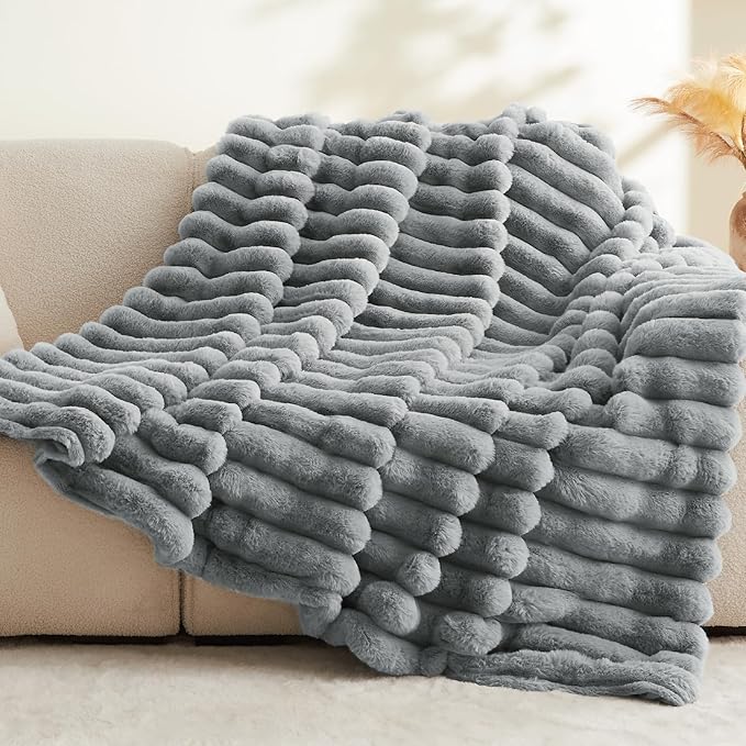 BEDELITE Faux Fur Throw Blanket for Couch, Soft and Cozy Luxurious 3D Striped Fluffy Blanket, 770GSM Thick Warm Plush Fuzzy Faux Rabbit Fur Blanket for Women Gift (Crey, 50