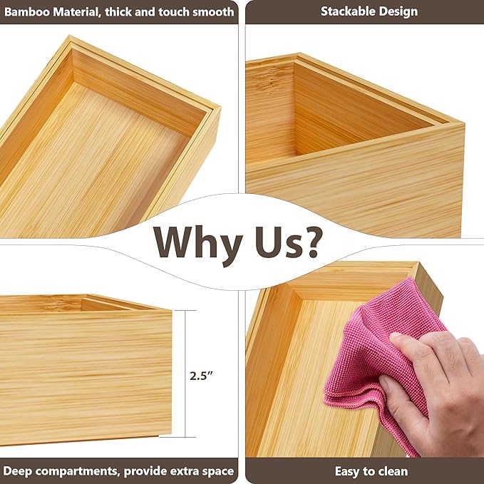 Kitchen Drawer Organizer Bins, Stackable Bamboo Drawer Organizer for Silverware, Flatware, Deep Office Desk Drawer Organizer Tray, Desktop Pen, Office Organization 9