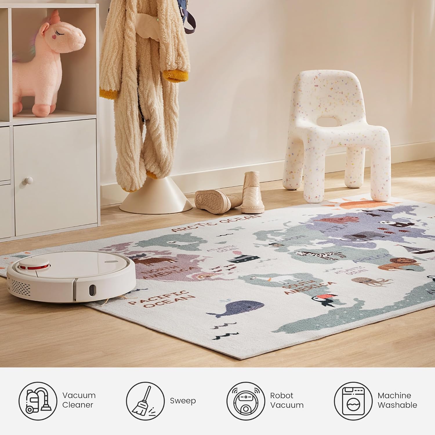 Kids Rugs for Playroom, Non Slip Area Rugs for Bedroom - Animal Map