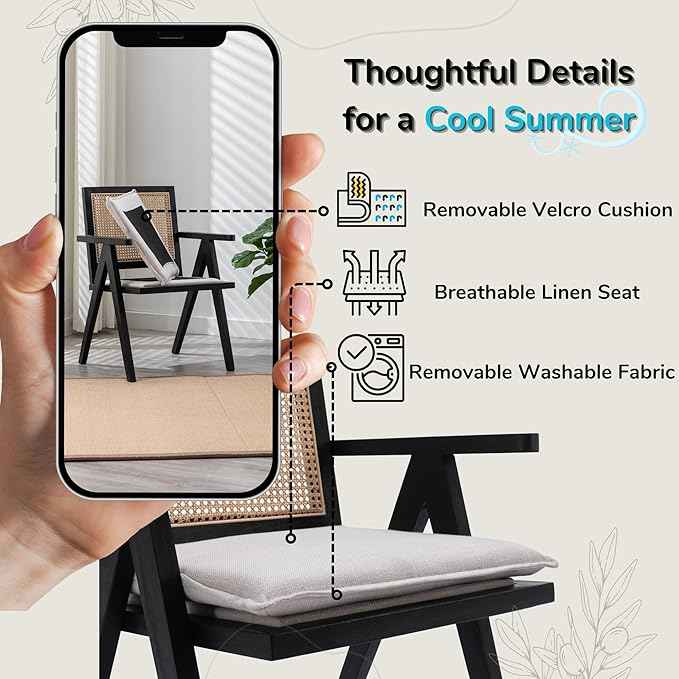 Rattan Dining Chairs Set of 6, Farmhouse Wicker Dining Chairs with Removable Linen Cushion Accent Cane Armchair for Dining Room Kitchen Restaurant, Black