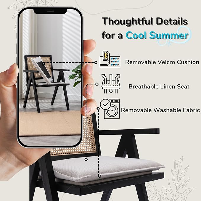 Rattan Dining Chairs Set of 2, Farmhouse Wicker Dining Chairs with Removable Linen Cushion Accent Cane Armchair for Dining Room Kitchen Restaurant, Black