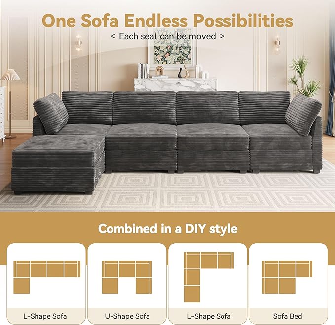 Modular Sectional Sofa with Chaise U Shaped Sectional Couch for Living Room, 7-Seater Comfy Cloud Couches, Plush Corduroy, Gray