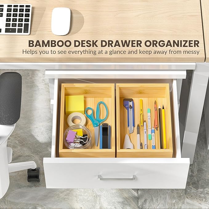 Kitchen Drawer Organizer Bins, Stackable Bamboo Drawer Organizer for Silverware, Flatware, Deep Office Desk Drawer Organizer Tray, Desktop Pen, Office Organization 9