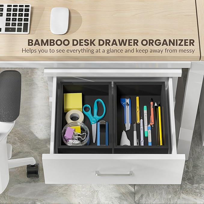Kitchen Drawer Organizer Bins, Stackable Bamboo Drawer Organizer for Silverware, Flatware, Deep Office Desk Organizer Tray, Desktop Pen, Office Organization Black 9