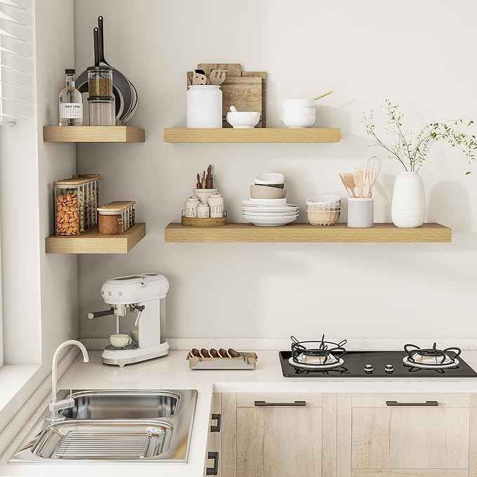 12 Inch Deep Floating Shelves 24 inch Long, 24 x 12 Wide Wall Shelves with Invisible Brackets, Heavy Duty Shelf for Bedroom Bathroom Living Room Kitchen Office Home Decor, Modern Shelf Set of 2, Oak