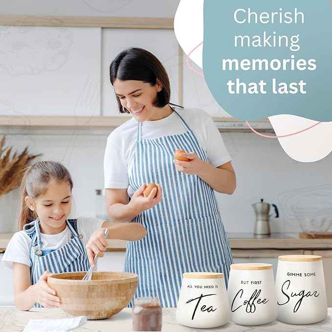 Coffee Tea and Sugar Ceramic Canister Set - 3-Piece Airtight Kitchen Canisters for Countertop - Coffee Bar Container Set