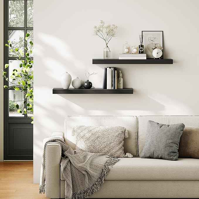 HOOBRO Floating Shelves for Wall, Wall Mounted Shelf Set of 2, 31.5" Hanging Shelf with Invisible Brackets, for Wall in Bathroom, Bedroom, Toilet, Kitchen, Living Room, Office, Black BK80BJP201