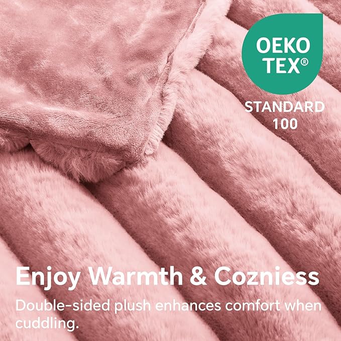 BEDELITE Faux Fur Throw Blanket for Couch, Soft and Cozy Luxurious 3D Striped Pink Fluffy Blanket, 770GSM Thick Warm Plush Fuzzy Faux Rabbit Fur Blanket for Women Gift, 50