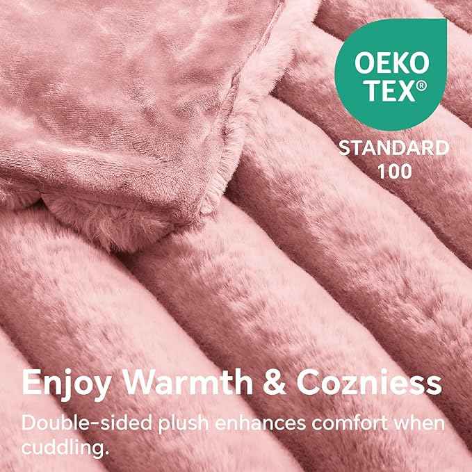 BEDELITE Faux Fur Throw Blanket for Couch, Soft and Cozy Luxurious 3D Striped Fluffy Blanket, 770GSM Thick Warm Plush Fuzzy Faux Rabbit Fur Blanket for Women Gift (Pink, 60