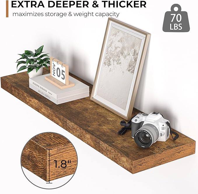 Floating Shelves - 10.3 Inch Deep Wall Shelf for Decor & Storage - Wall Mounted Display Shelving with Invisible Heavy-Duty Metal Bracket - 36
