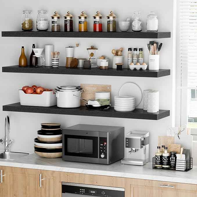 Fun Memories Floating Shelves - 12 Inch Rustic Wooden Wall Shelves - Extra Deeper & Thicker Wall Mounted Storage Shelf for Living Room, Kitchen, Farmhouse - 55" W x 12" D x 1.8" H - Rustic Black