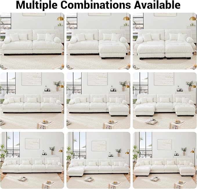 Modern L-Shaped Couch, 3-Seater Cloud Couch with Round Bolster Armrests, Oversized Loveseat Sectional Sofa, Chenille Fabric, White