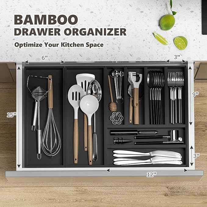 Kitchen Drawer Organizer Bins, Black Bamboo Drawer Organizer Stackable for Silverware, Utensils, Cutlery, Flatware, for Junk Drawer, Dresser, Bathroom, 12" x 3" x 2.5" (Set of 2)