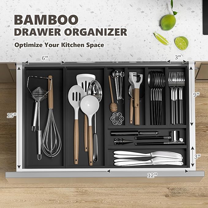 Kitchen Drawer Organizer Tray, Stackable Black Bamboo Drawer Organizer for Large Silverware, Utensils, Cutlery, Flatware, Junk, Dresser, Bathroom, 17