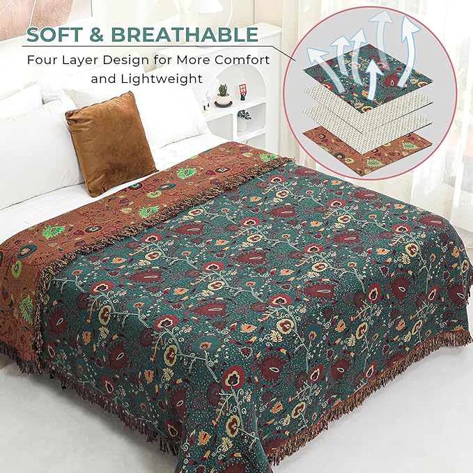 Boho Fall Throw Blanket for Bed，100% Ultra Cotton Soft Breathable Bed Throw Floral Printed Farmhouse Decor Rustic Bed Throws for Couch Sofa Quilt 90