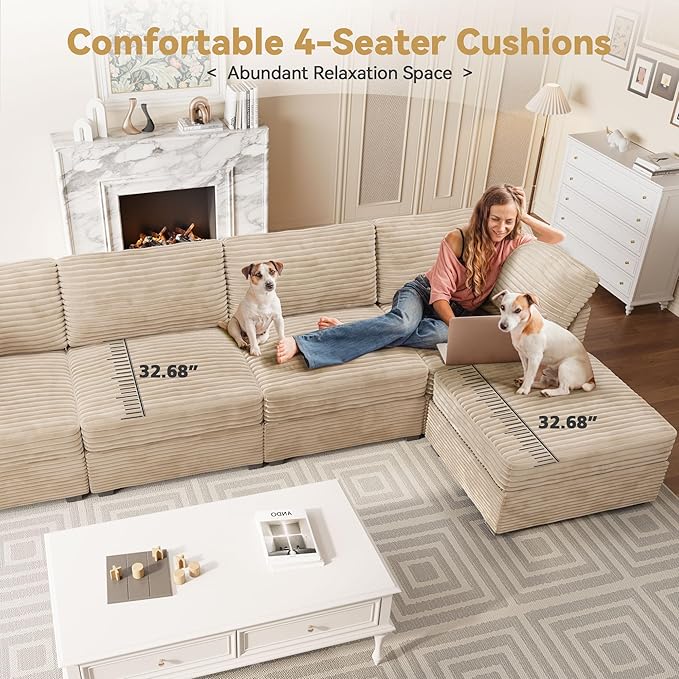 Modular Sectional Sofa, 130.7 Inch U Shaped Couch Set for Living Room, 4-Seater Comfy Cloud Couches with Two Movable Ottoman, DIY Combination, Plush Corduroy, Beige