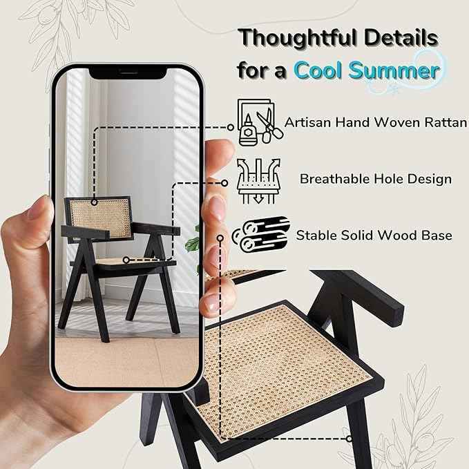 Rattan Dining Chairs Set of 6, Farmhouse Wicker Dining Chairs with Cane Seat Accent Armchair for Dining Room Kitchen Restaurant, Walnut