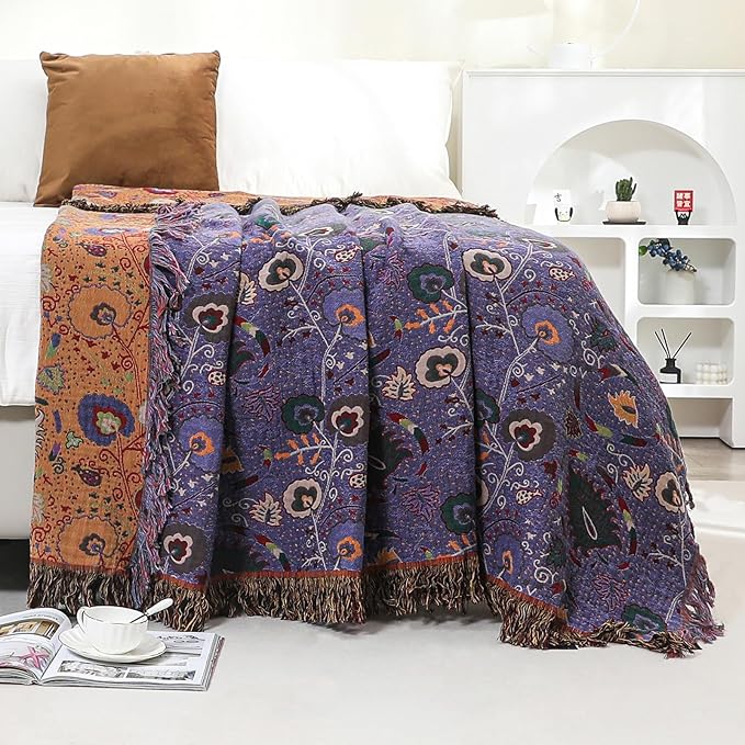 Boho Fall Throw Blanket for Bed Purple Flowers，100% Ultra Cotton Soft Breathable Bed Throw Floral Printed Farmhouse Decor Rustic Bed Throws for Couch Sofa Quilt 90
