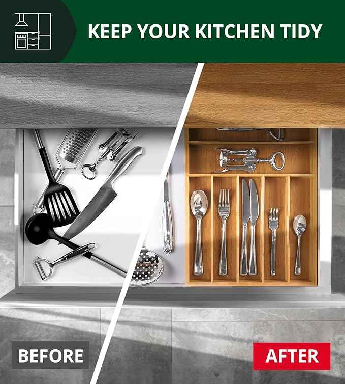 ROYAL CRAFT WOOD Luxury Bamboo Utensil Rack and Silverware Organizer, Kitchen Drawer Organizer - Utensil Holder and Cutlery Tray with Grooved Drawer Dividers for Flatware 7 Slot, Natural