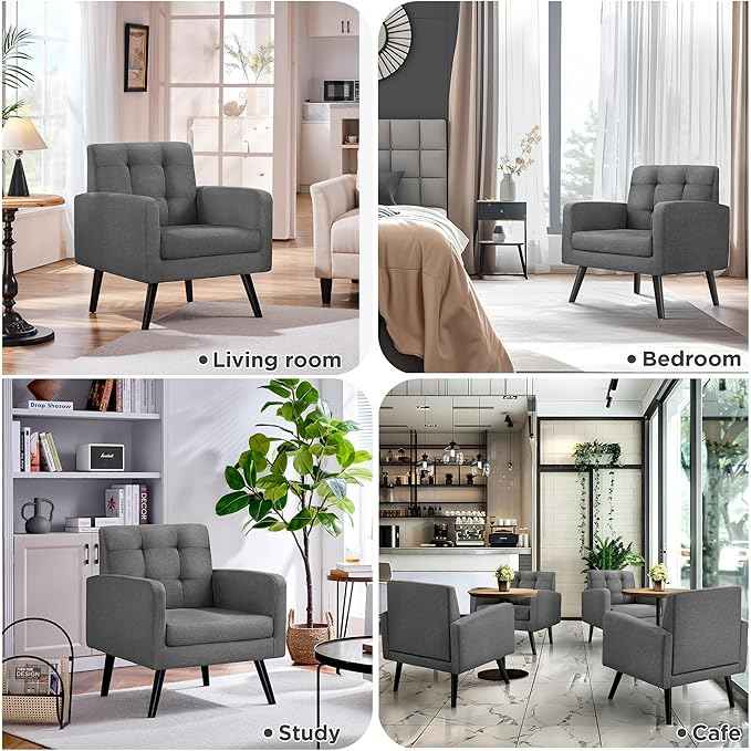 Yaheetech Modern Living Room Chair, Mid-Century Armchair Button Tufted Back and Wood Legs, Vintage Lounge Chair for Bedroom/Home Office/Study, Gray