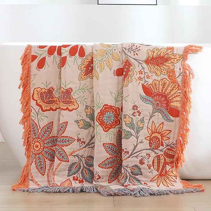 Boho Fall Throw Blanket for Bed，100% Ultra Cotton Soft Breathable Bed Throw Floral Printed Farmhouse Decor Rustic Bed Throws for Couch Sofa Quilt 90