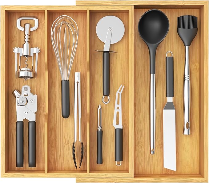 Lifewit Utensil Drawer Organizer, Expendable Cooking Silverware Tray for Kitchen Drawer, Bamboo Adjustable Cutlery Flatware Holder, Spatula Tools and Gadgets Storage Divider, 4 Compartments, Natural